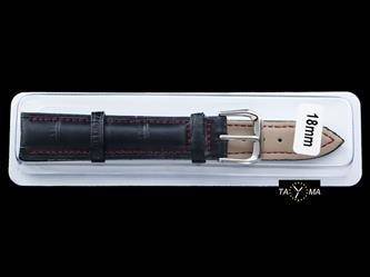 Boxed leather watch strap - black/red - 18mm