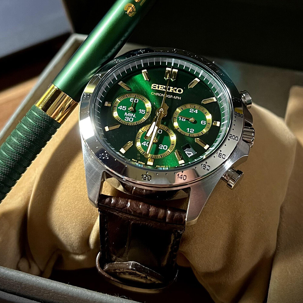 ZEGAREK MĘSKI SEIKO CHRONOGRAPH GREEN SPIRIT SBTR017 + BOX Brown