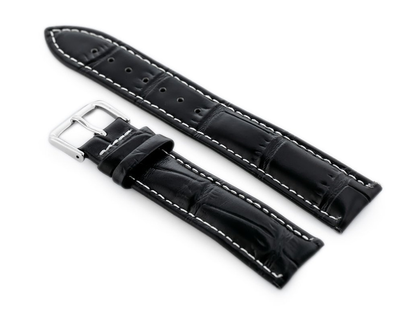 W102L black/white leather watch strap - 24mm