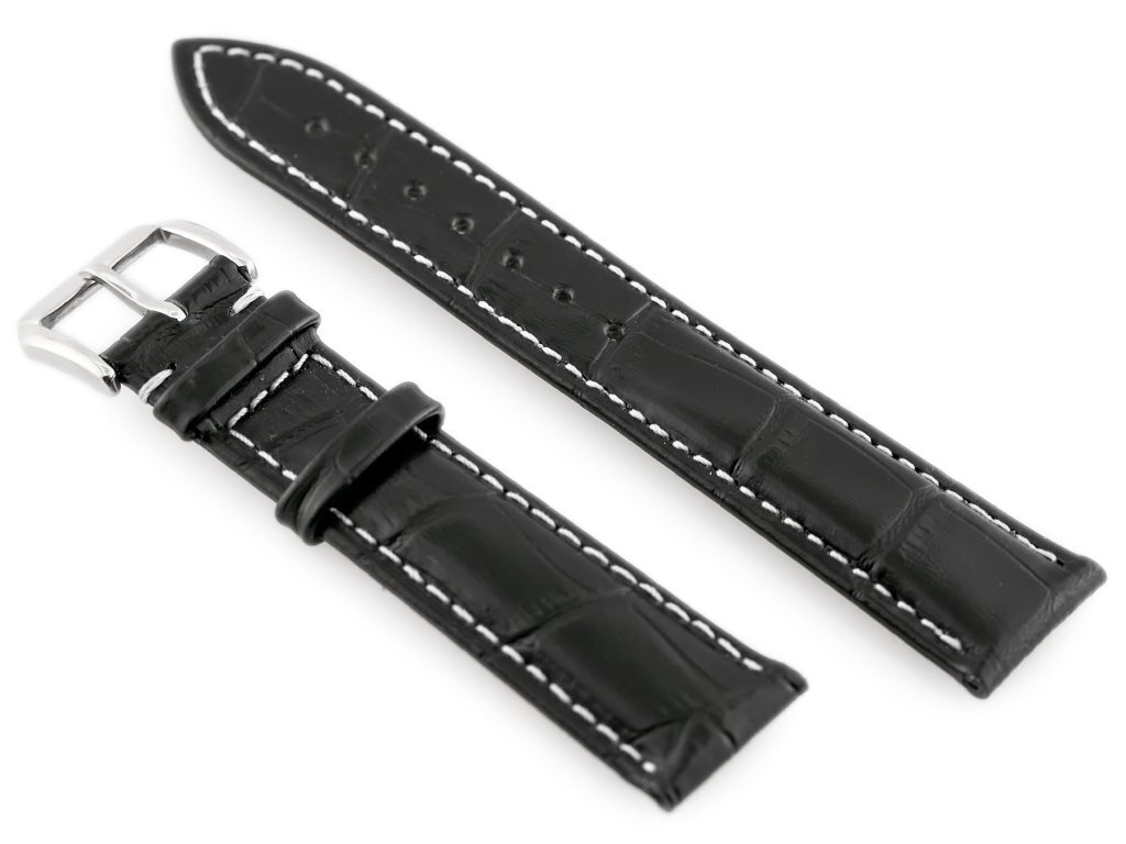 Pasek skórzany do zegarka W64 - czarny/biały 18mm