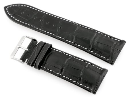 Pasek skórzany do zegarka W64 - czarny/biały 24mm